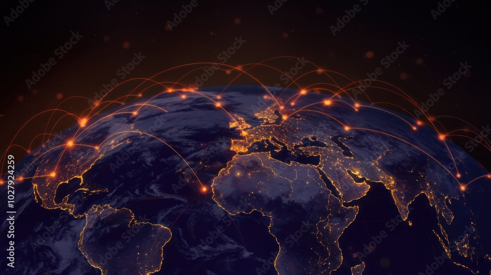Poster a digital representation of global connectivity with a network overlay.