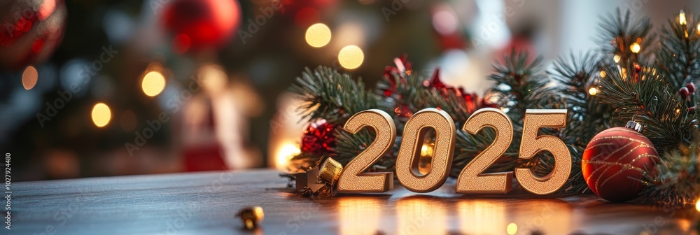 Poster elegant 2025 christmas setting with sparkling festive lights and vibrant red baubles, creating a per