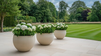 Obraz premium Stunning white hydrangea plants flourish in large round stone pots on a tranquil patio, framed by tall trees and grasses of an English garden, creating a serene atmosphere