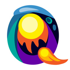Q cosmos effect alphabet letter vector illustration. Modern fantasy character.