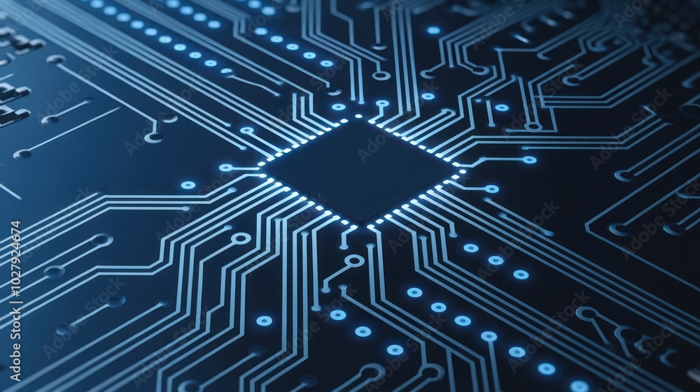 Poster close-up of a computer circuit board with intricate designs and blue lighting.