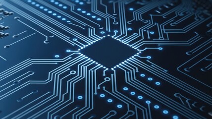 Close-up of a computer circuit board with intricate designs and blue lighting.