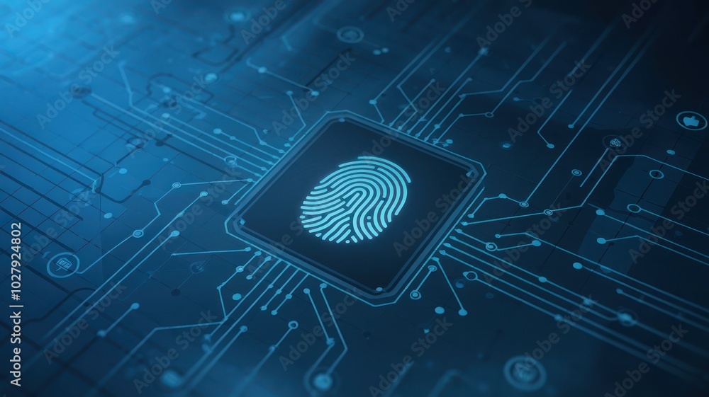 Poster digital fingerprint on a microchip with abstract circuitry background.