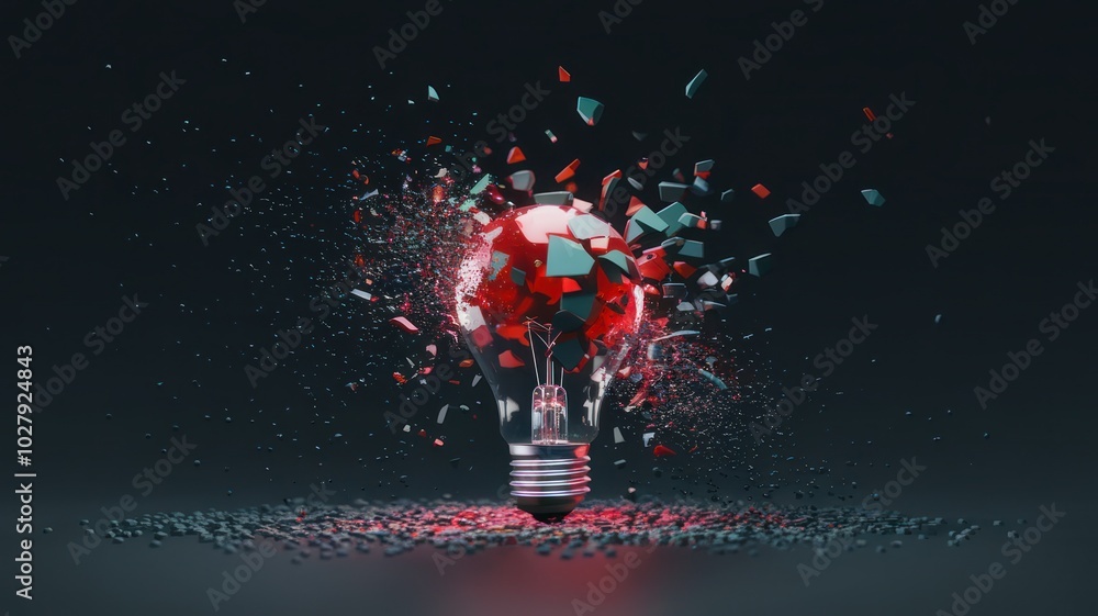 Poster exploding light bulb with colorful fragments against a dark background.