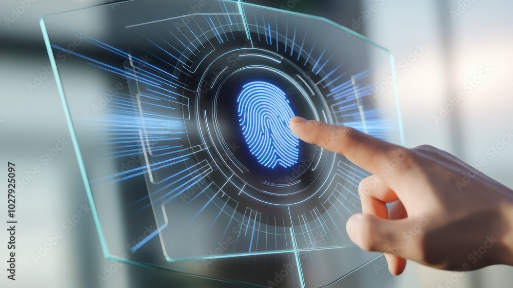 Aufkleber hand interacting with a digital fingerprint scanner in a modern tech environment.