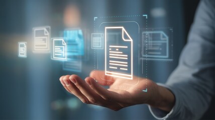Hand holding digital documents with holographic display on a dark background.