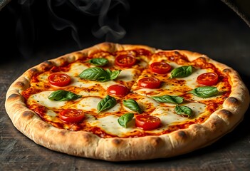 Rustic Freshly Baked Pizza with Tomato & Basil on Wooden Board