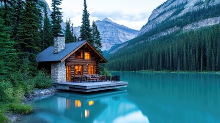 Fototapeta premium Nestled in the mountains, the log cabin boasts large windows facing the tranquil lake, surrounded by lush greenery and lit by a welcoming fireplace for a romantic atmosphere.