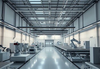 Obraz premium Industrial Warehouse Interior with Machinery - High Ceiling, White Walls