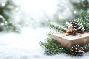 Christmas background with fir branches, pine cones and gift box on snow