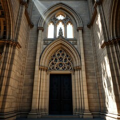 Obraz premium Historic Cathedral Interior with Ornate Doorway & Stained Glass Windows