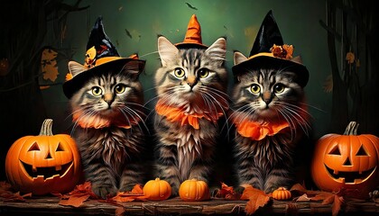 Halloween background cats sitting together,  with the pumpkins
