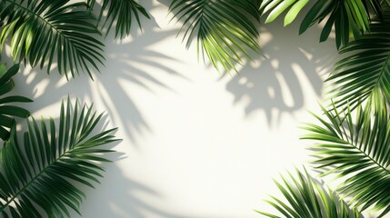 Green palm leaves with shadows on a white background, tropical plants, a palm tree leaf frame with copy space.