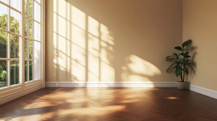 An empty room with warm beige and brown walls is bathed in sunlight from a window framing a view of a tree-lined courtyard. Concept minimalist setting for decor or product display.