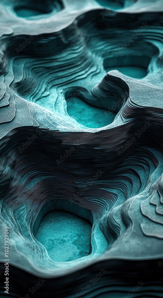 Poster 3d abstract background with black and teal colors featuring layered patterns and flowing textures