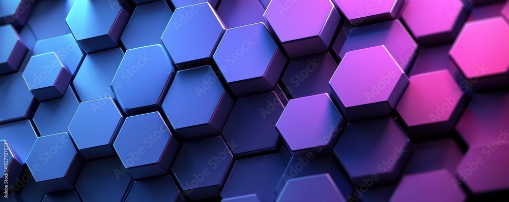 Poster 3d abstract background with blue and pink hexagonal shapes creating a futuristic and technological a