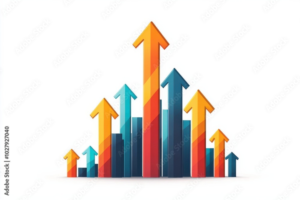 Poster 3d red arrow going up on a white background surrounded by colorful upward arrows symbolizing growth 