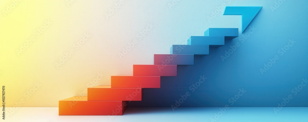 Poster 3d illustration of an upward pointing staircase transitioning from warm to cool tones symbolizing gr