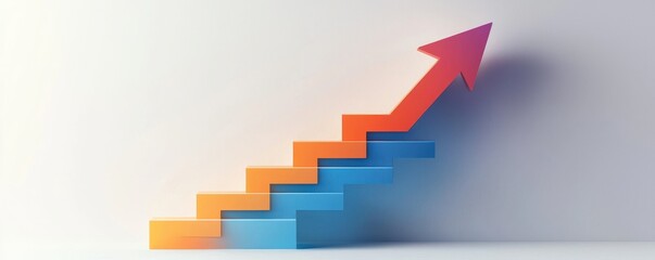 3D illustration of an upward pointing arrow on steps symbolizing success and growth