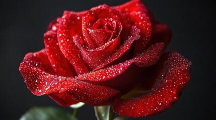   A close-up of a red rose with water droplets on its petals against a dark background