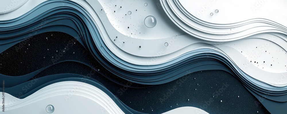 Poster abstract 3d render featuring a dynamic wave pattern with blue and white circular elements and elegan