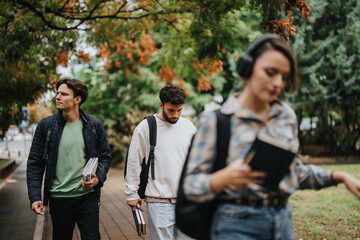 Obraz premium A casual scene of college students walking outdoors through a park. The image showcases a blend of study, leisure, and youth in a natural setting.