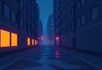 Obraz premium Empty Urban Streetscape, Blue Sky, Neon Panels, Architectural Details