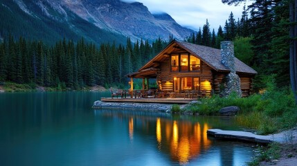 Fototapeta premium Nestled in the mountains, the log cabin boasts large windows facing the tranquil lake, surrounded by lush greenery and lit by a welcoming fireplace for a romantic atmosphere.