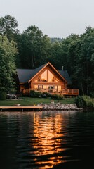 Fototapeta premium Nestled in the mountains, the log cabin boasts large windows facing the tranquil lake, surrounded by lush greenery and lit by a welcoming fireplace for a romantic atmosphere