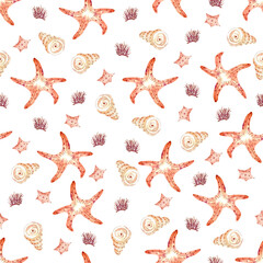 Watercolor seamless pattern underwater life  with  starfish, corals and seashell. Fairy tale festive and cheerful background.  Texture for wrapping paper, fabrics, decor, banners, cover.