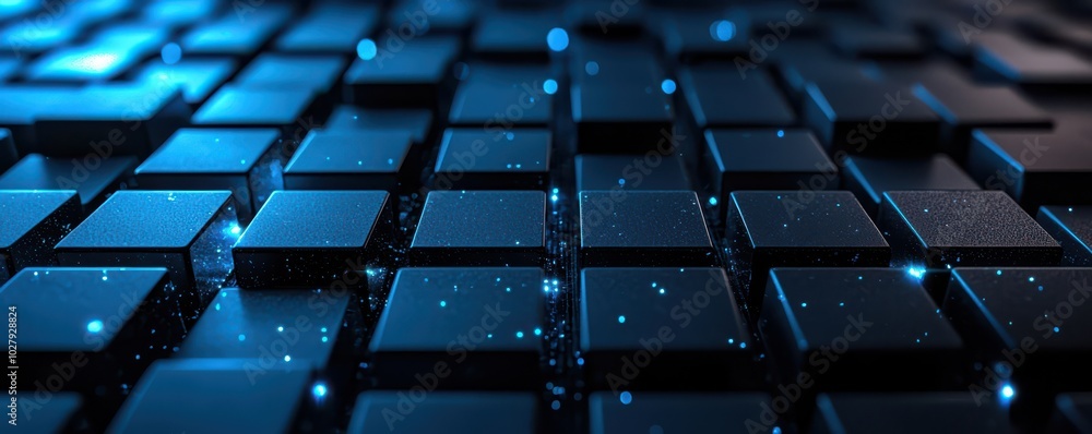 Poster dark blue glowing cubes on a black background create an abstract futuristic digital pattern