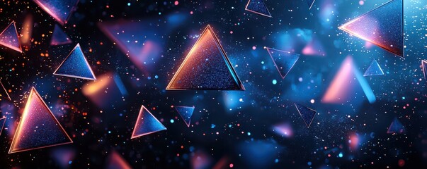 Futuristic geometric shapes with neon blue and purple hues on a black background creating a modern and abstract digital art piece