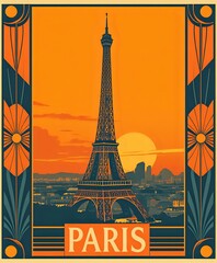 Eiffel Tower at Sunset, Paris Cityscape in Black & White with Gold Accents