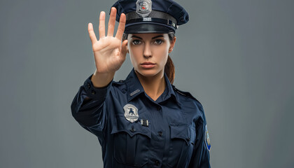 Woman in a blue uniform with a badge on her chest is holding up her hand to signal a stop