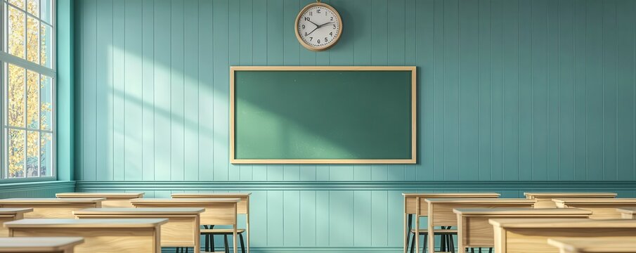 Empty classroom with a blank green chalkboard on the wall and wooden desks arranged neatly