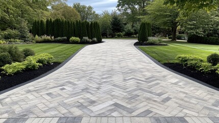 A sophisticated herringbone-patterned driveway in charcoal gray leads to a modern home, accented by a lush sunny front lawn that enhances its elegant appeal