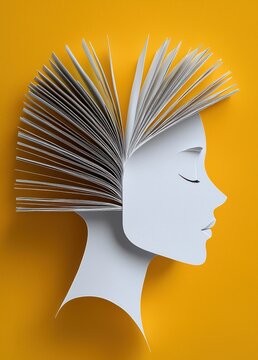 Creative concept with open book forming head silhouette on yellow background symbolizing knowledge and imagination
