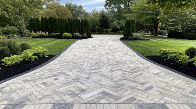 A sophisticated herringbone-patterned driveway in charcoal gray leads to a modern home, accented by a lush sunny front lawn that enhances its elegant appeal
