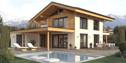 Fototapeta premium Modern house with a pool and deck, set against a mountain backdrop.