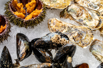 Assorted fresh seafood. Closed oysters, mussels in flaps and open sea urchins on ice