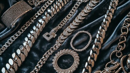 A flat-lay of silver chains, rings, and bracelets, placed on a soft velvet background.