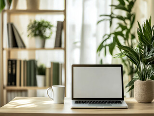 Home office desk with laptop, plants, and coffee mug