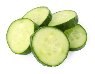 Pile of fresh cut cucumber slices isolated on white
