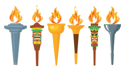 Set of beautiful torches in cartoon style.Vector illustration of ancient, tribal torches, tiki masks, with sticks of different shapes and bright fire isolated on white background.Torches for lighting.