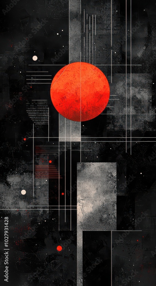 Poster dark minimalist background with geometric shapes featuring a bold red circle and intricate abstract 