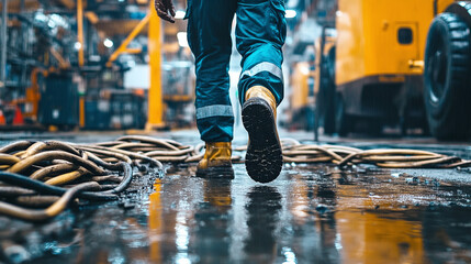A worker navigating over scattered cables on a wet factory floor, creating unsafe conditions and trip hazards.