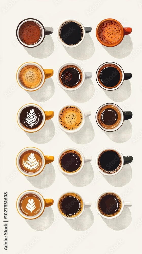 Poster flat illustration of various coffee cups arranged in rows with different types of coffee showing div