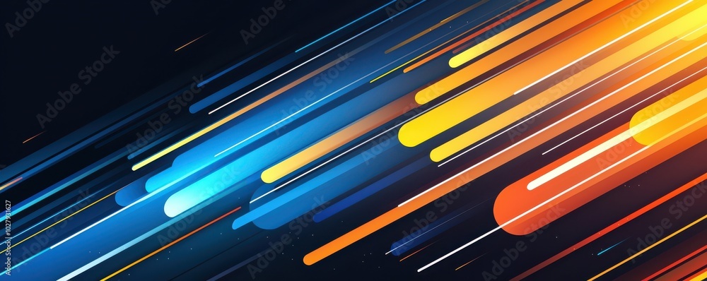 Poster dynamic abstract illustration with vibrant colors and flowing lines on a dark background