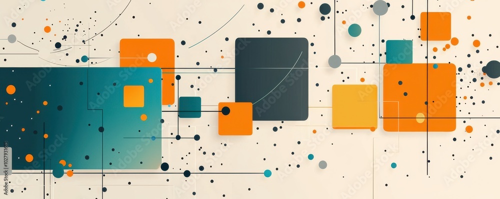 Poster abstract graphic of colorful geometric shapes and lines on a white background; a modern and minimali