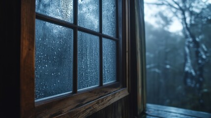 A foggy window in a cozy cabin, with condensation dripping down the glass on a rainy day.